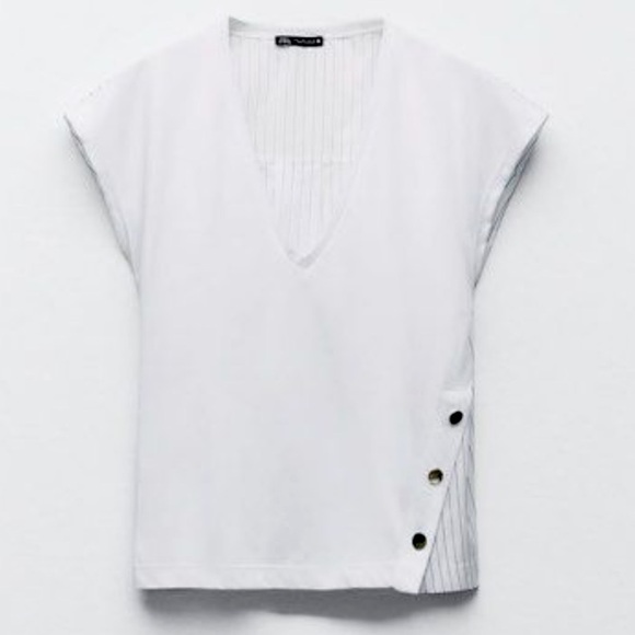 Zara Tops - Zara NEW Cotton Poplin Stripe Side Button Vneck Tee Size Small Black/White
